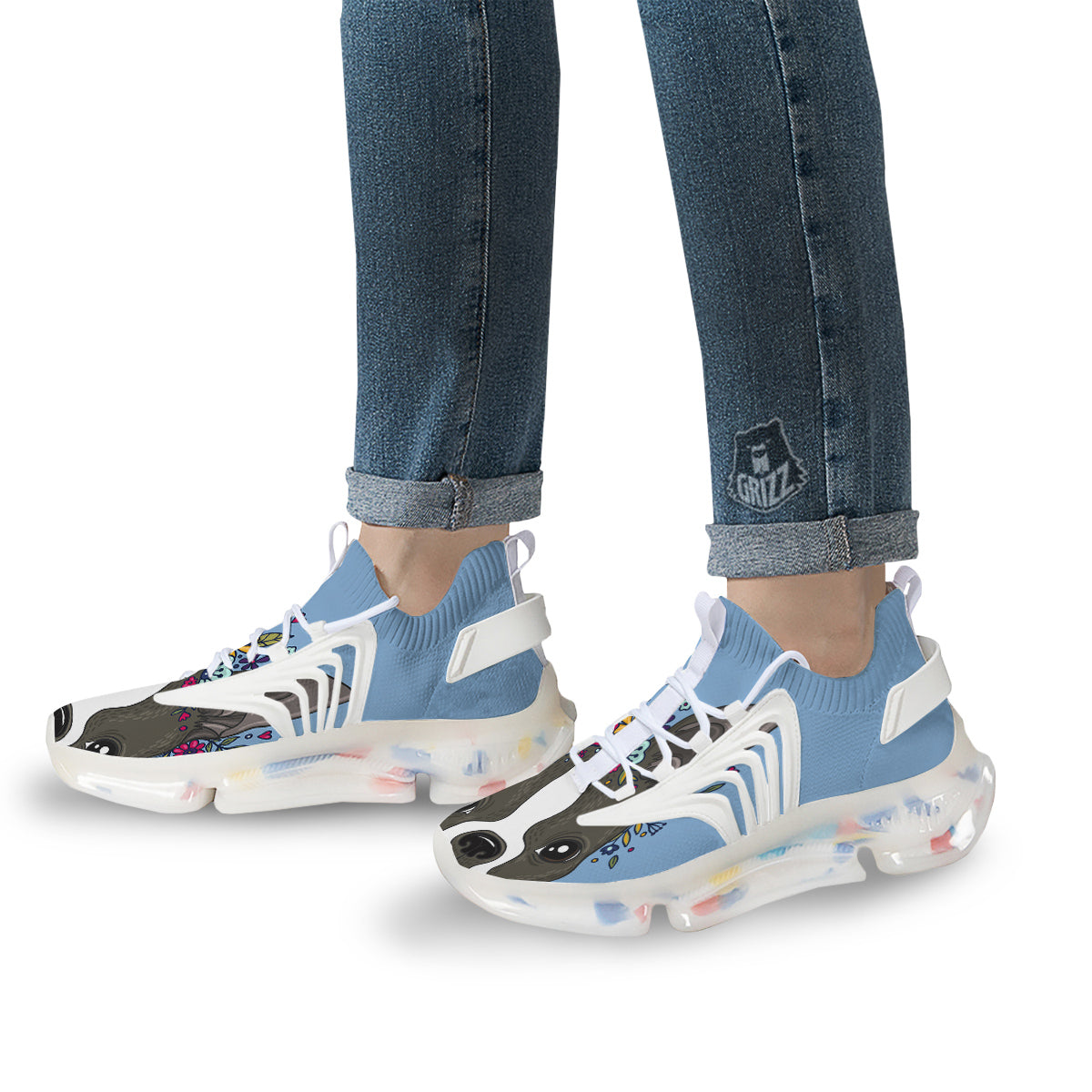 Flower Boston Terrier Cartoon Print White Gym Shoes-grizzshop