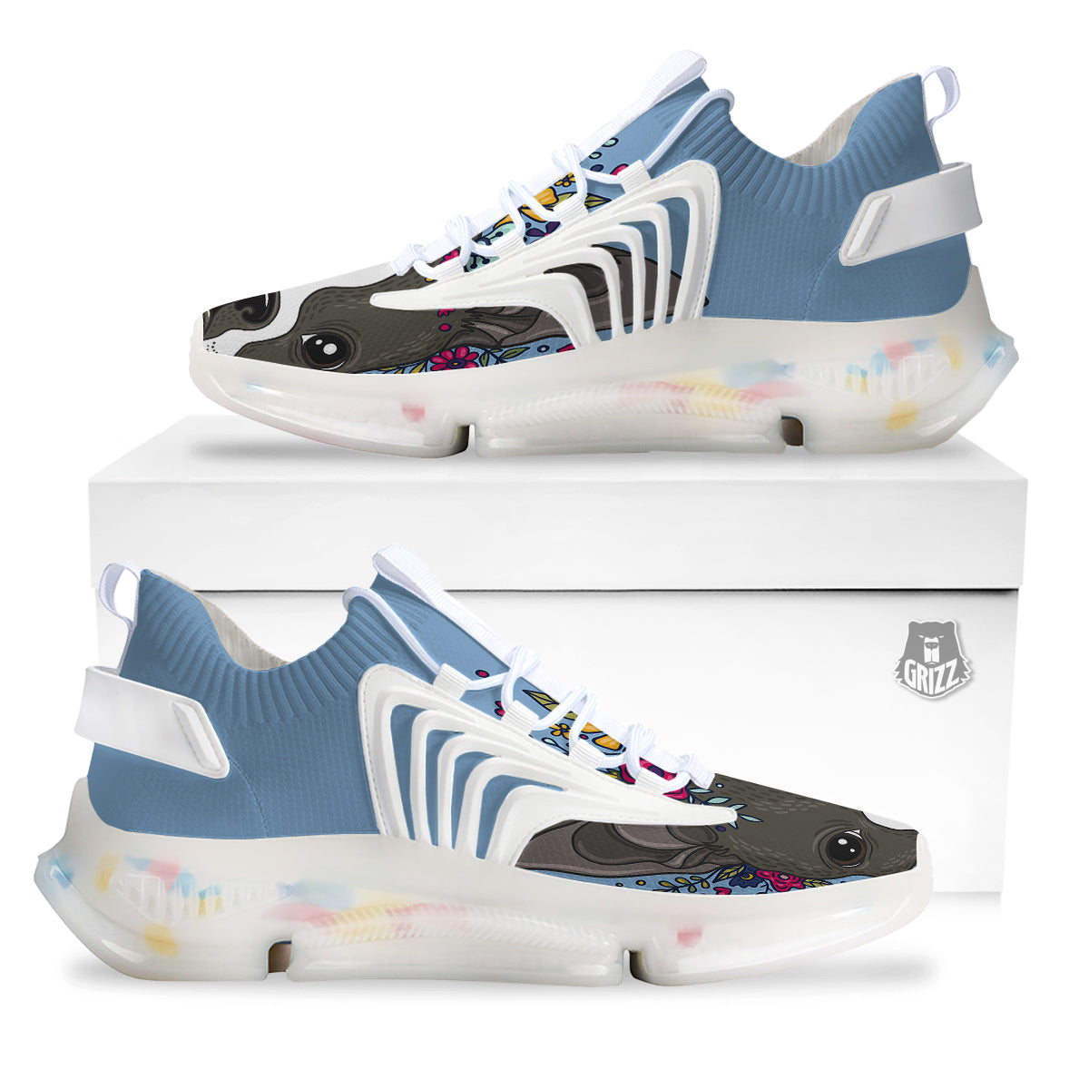 Flower Boston Terrier Cartoon Print White Gym Shoes-grizzshop