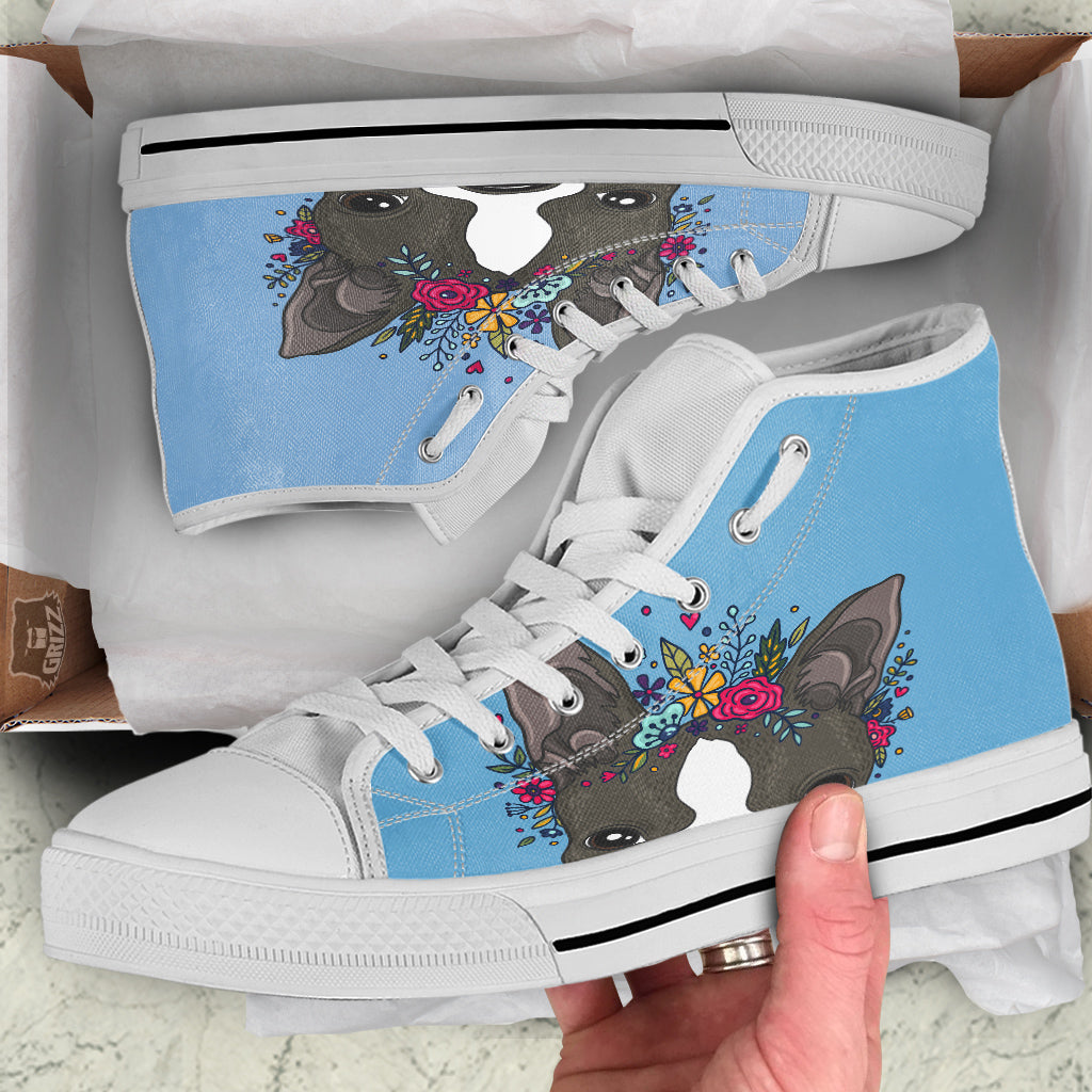 Flower Boston Terrier Cartoon Print White High Top Shoes-grizzshop