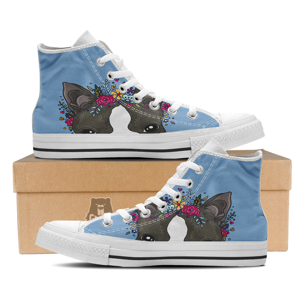 Flower Boston Terrier Cartoon Print White High Top Shoes-grizzshop