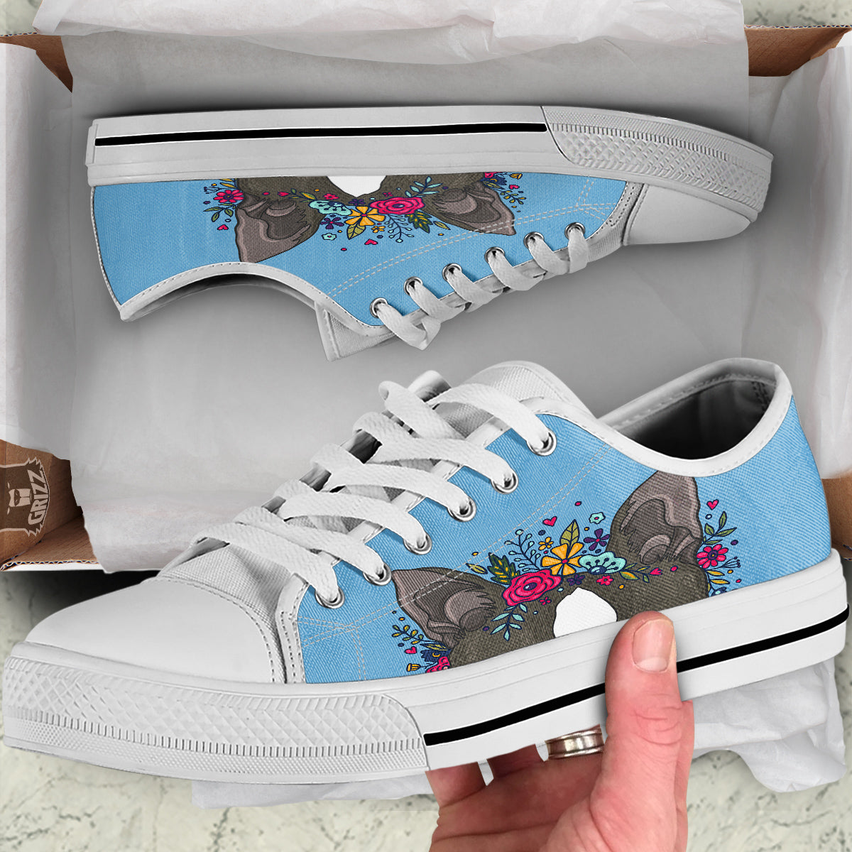 Flower Boston Terrier Cartoon Print White Low Top Shoes-grizzshop