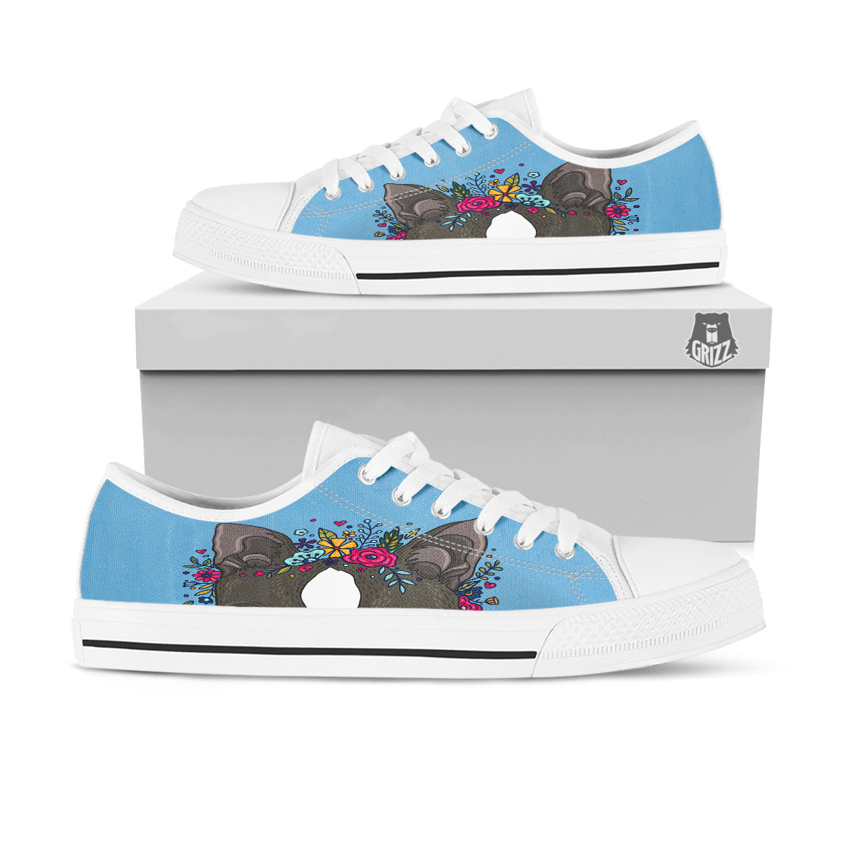 Flower Boston Terrier Cartoon Print White Low Top Shoes-grizzshop
