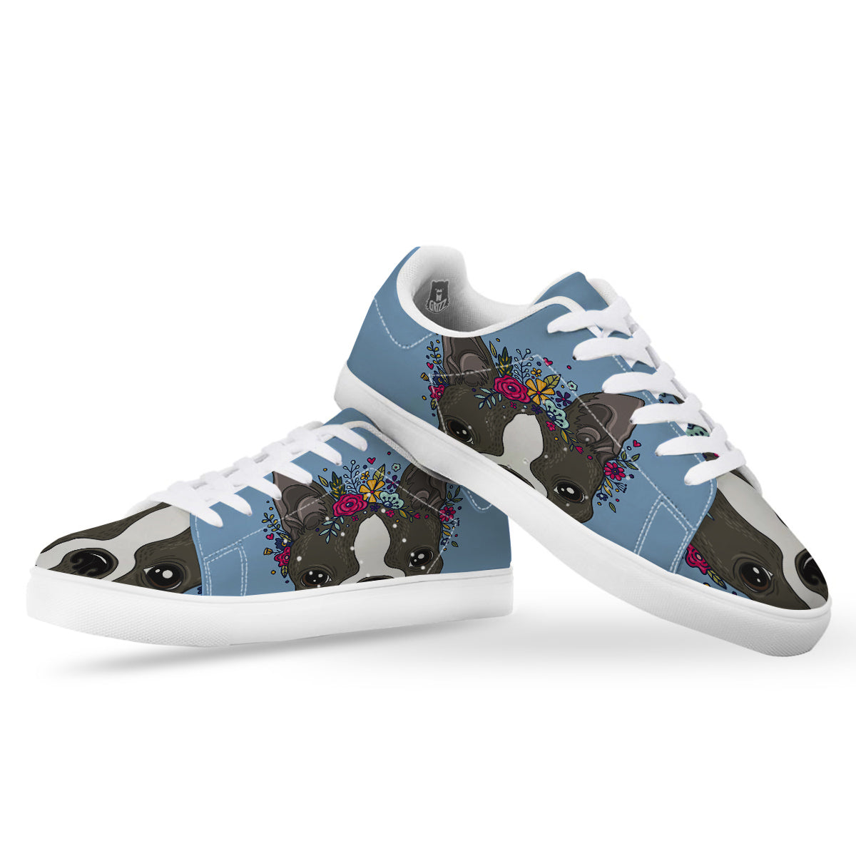 Flower Boston Terrier Cartoon Print White Low Top Sneakers-grizzshop