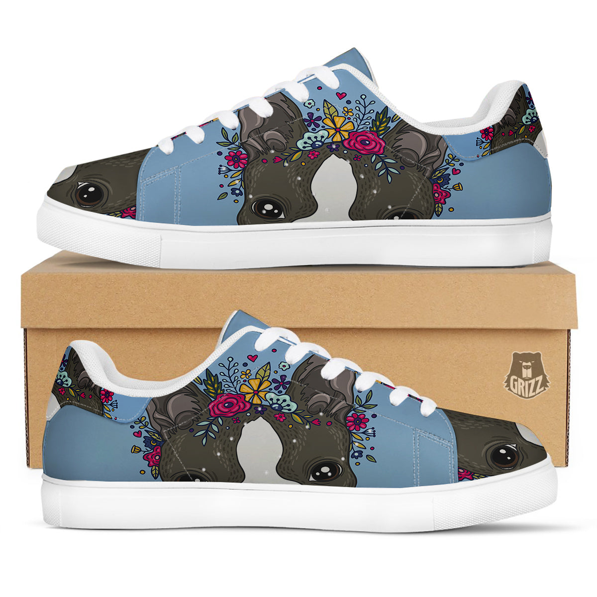 Flower Boston Terrier Cartoon Print White Low Top Sneakers-grizzshop