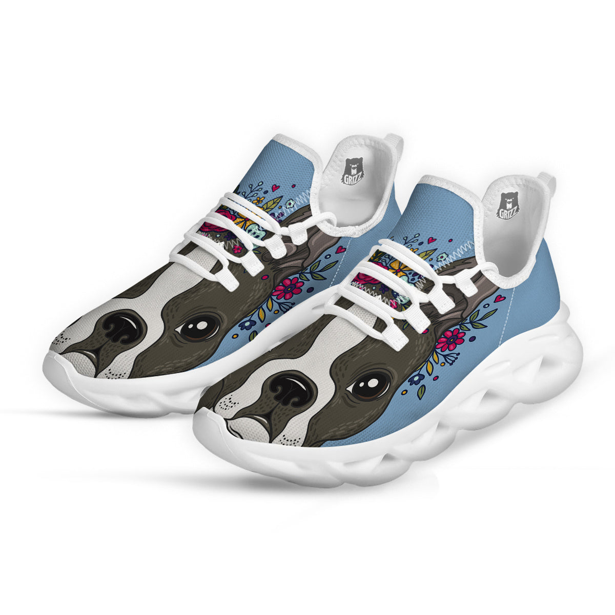 Flower Boston Terrier Cartoon Print White Running Shoes-grizzshop