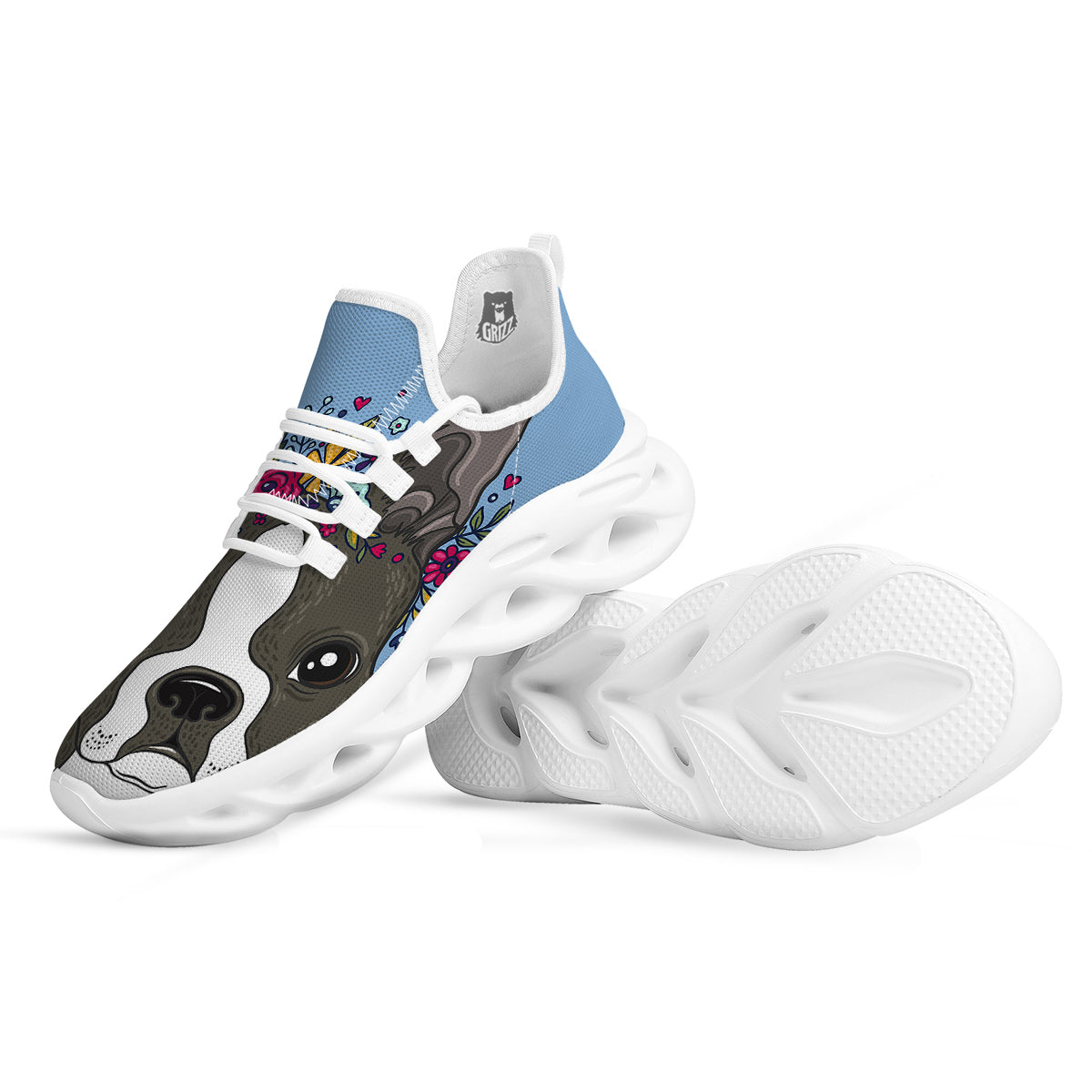 Flower Boston Terrier Cartoon Print White Running Shoes-grizzshop