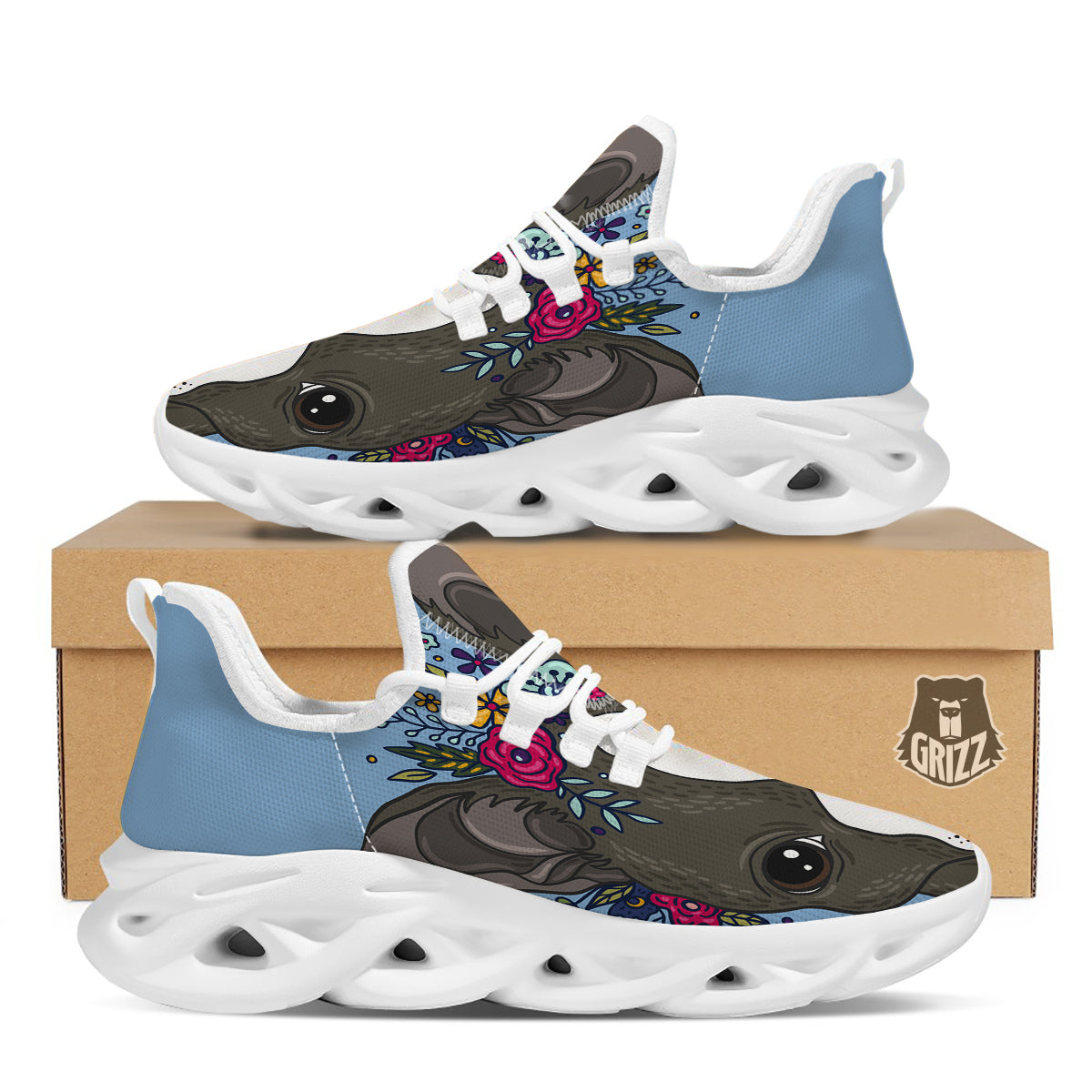 Flower Boston Terrier Cartoon Print White Running Shoes-grizzshop