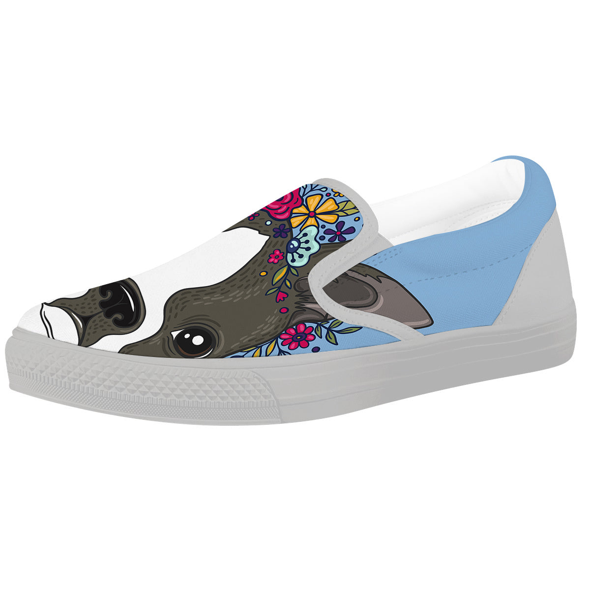 Flower Boston Terrier Cartoon Print White Slip On Shoes-grizzshop