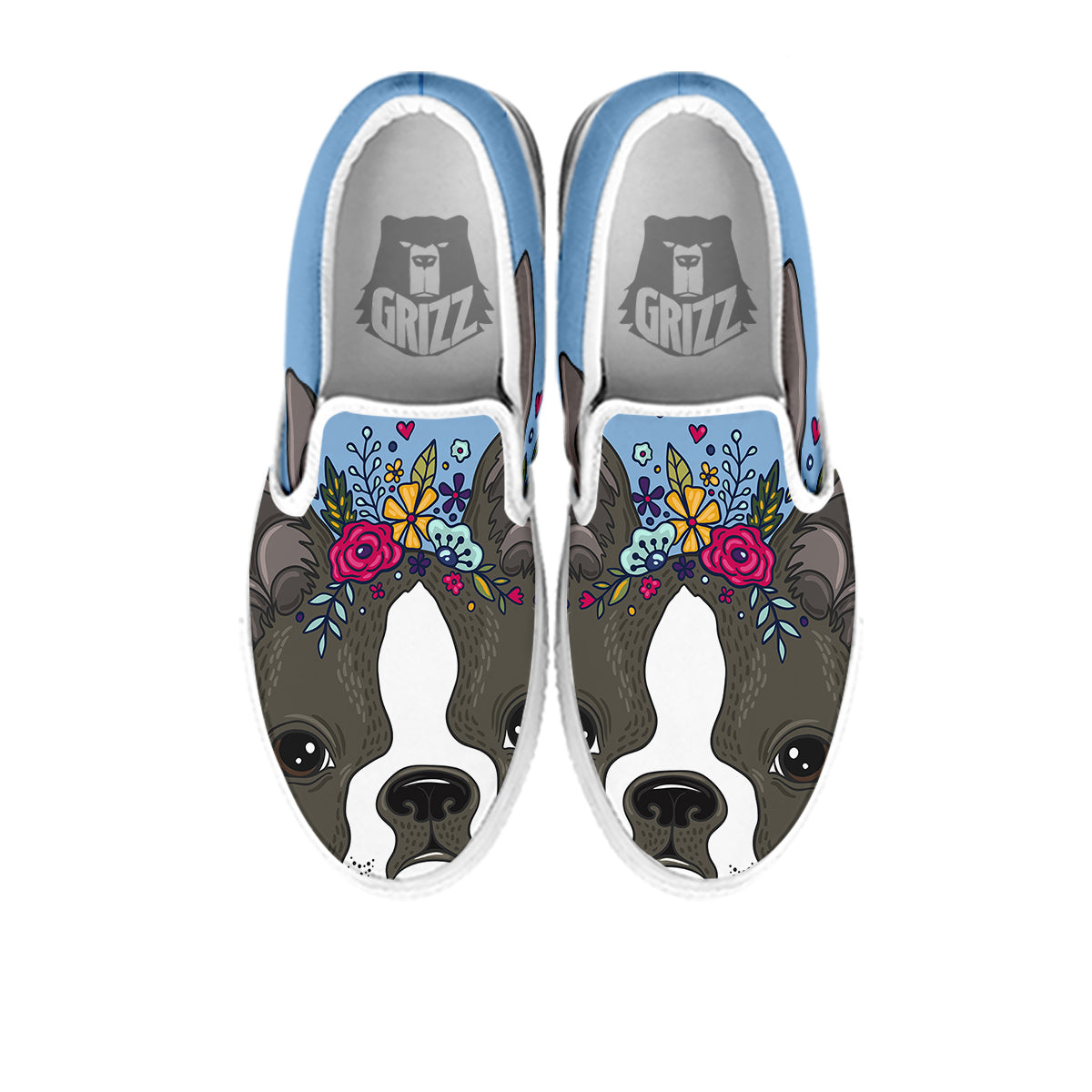 Flower Boston Terrier Cartoon Print White Slip On Shoes-grizzshop