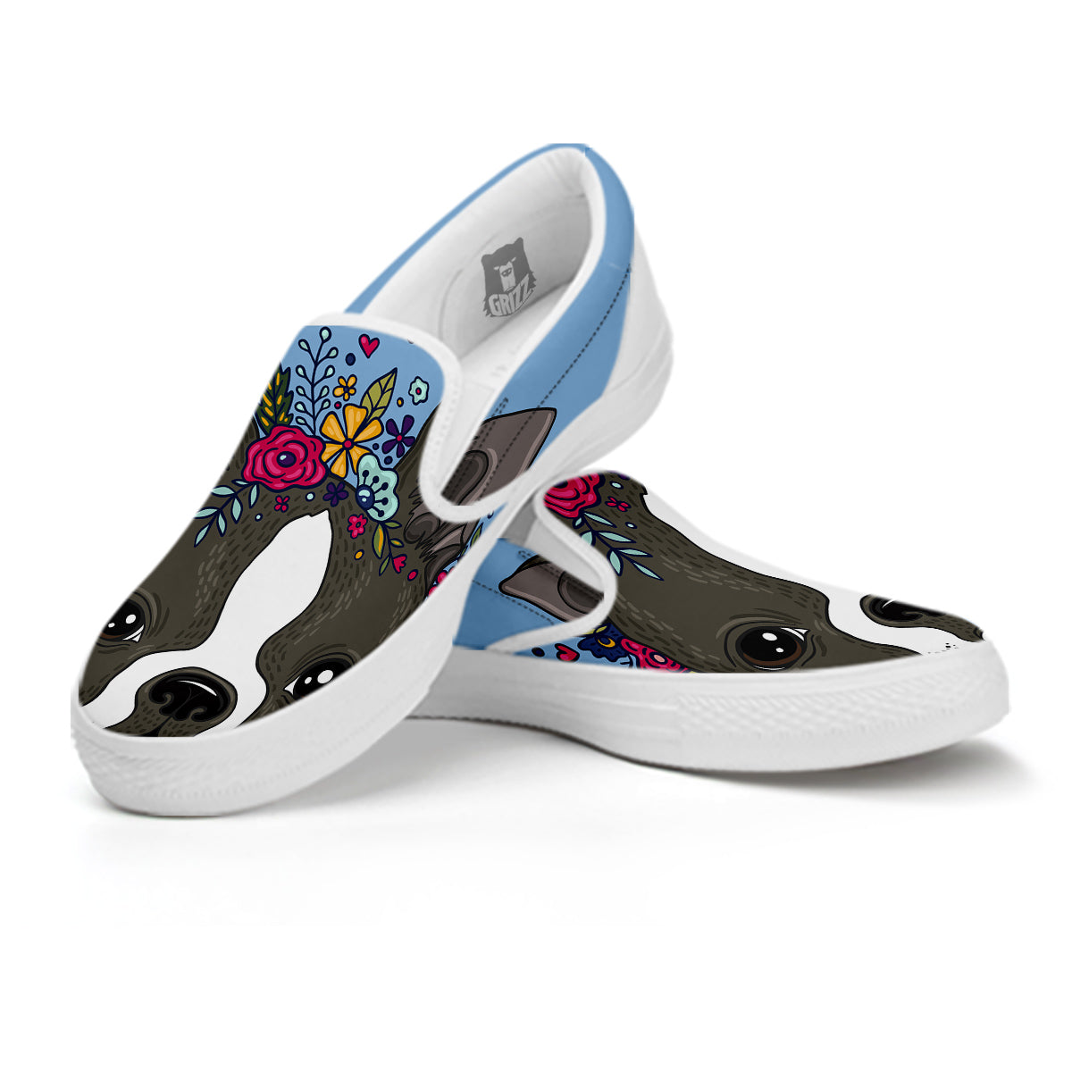 Flower Boston Terrier Cartoon Print White Slip On Shoes-grizzshop