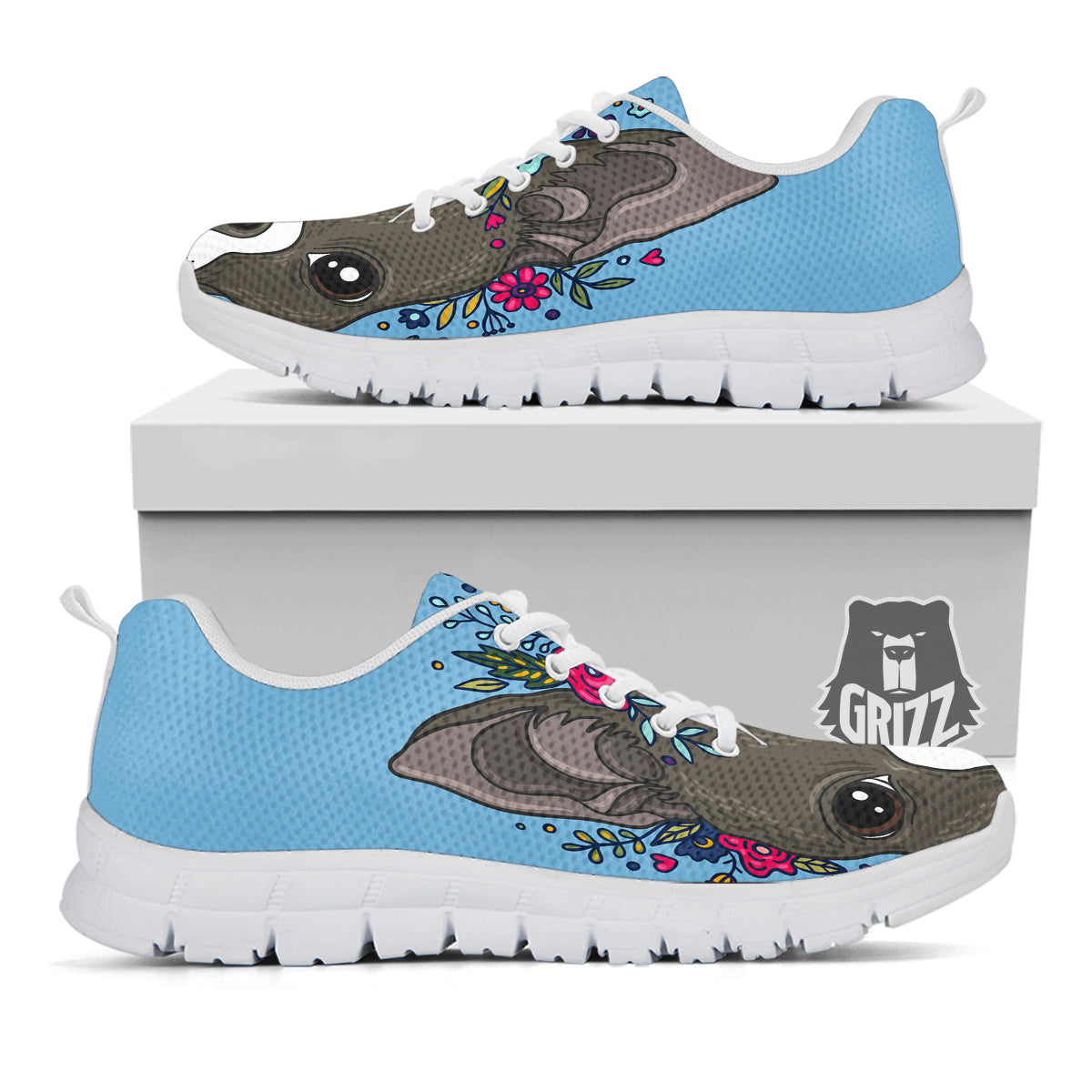 Flower Boston Terrier Cartoon Print White Sneaker-grizzshop