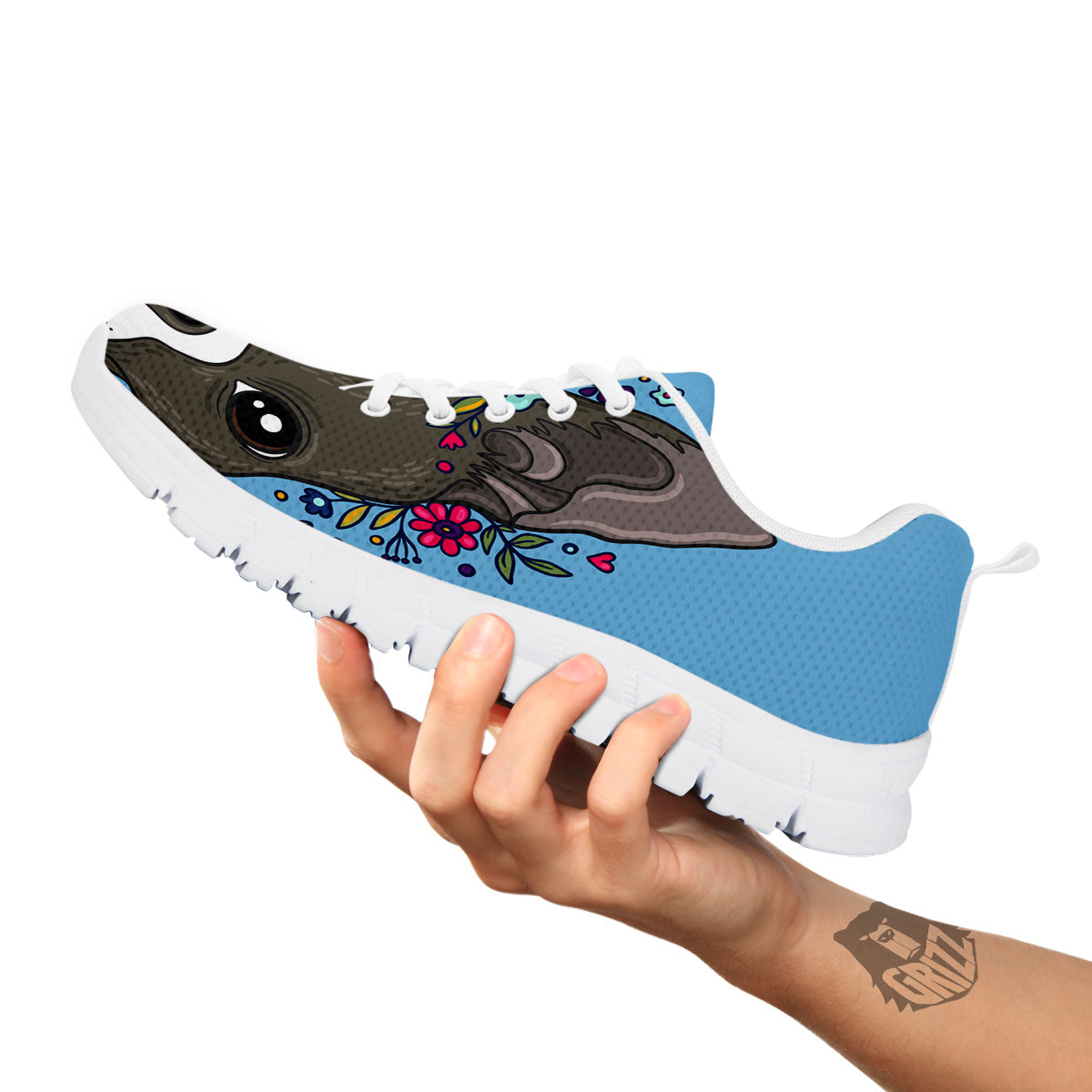 Flower Boston Terrier Cartoon Print White Sneaker-grizzshop