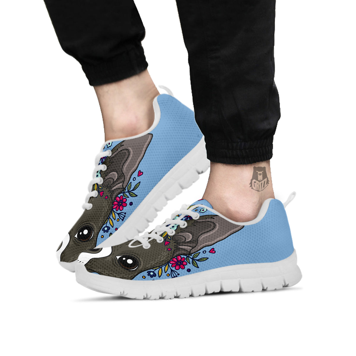 Flower Boston Terrier Cartoon Print White Sneaker-grizzshop