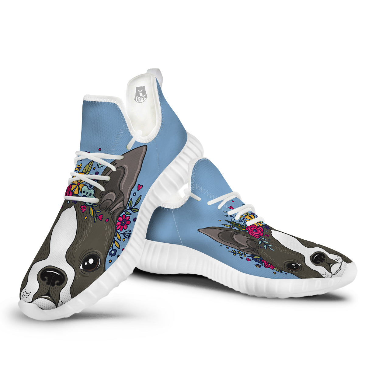 Flower Boston Terrier Cartoon Print White Walking Shoes-grizzshop