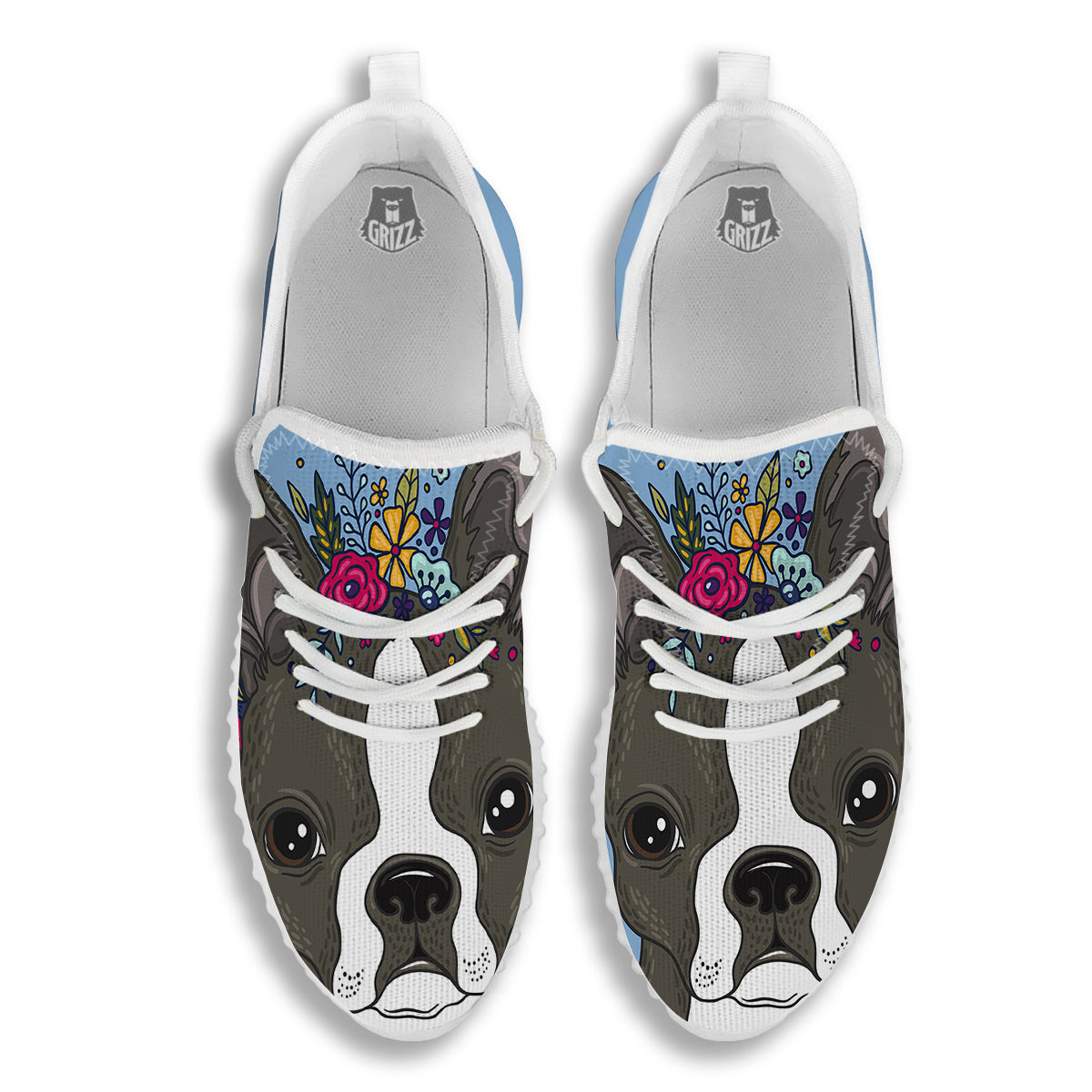 Flower Boston Terrier Cartoon Print White Walking Shoes-grizzshop