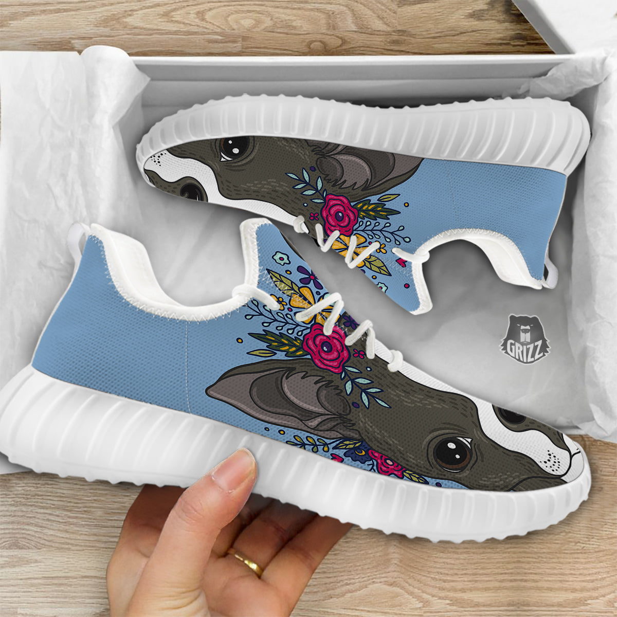 Flower Boston Terrier Cartoon Print White Walking Shoes-grizzshop