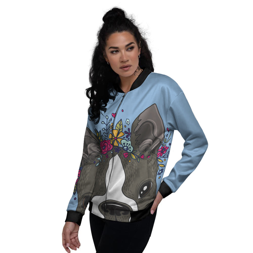 Flower Boston Terrier Cartoon Print Women's Bomber Jacket-grizzshop