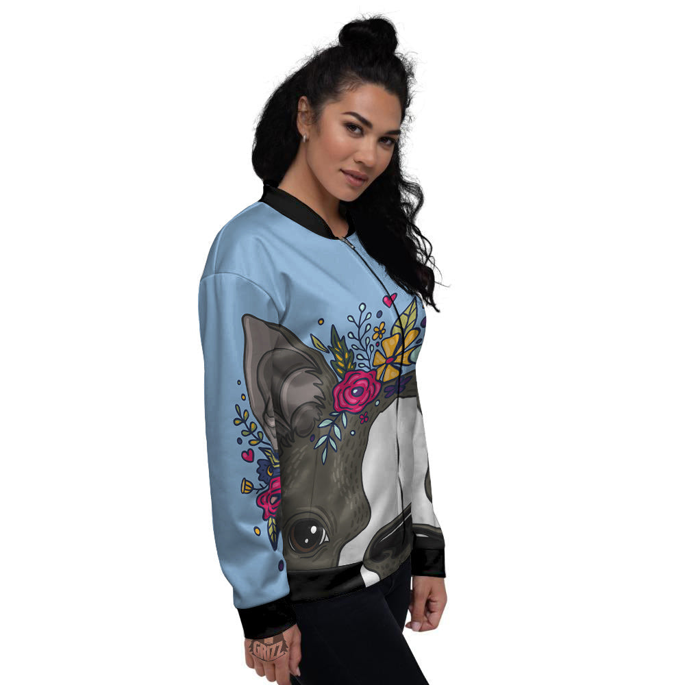 Flower Boston Terrier Cartoon Print Women's Bomber Jacket-grizzshop