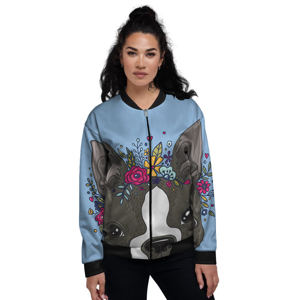 Flower Boston Terrier Cartoon Print Women's Bomber Jacket-grizzshop