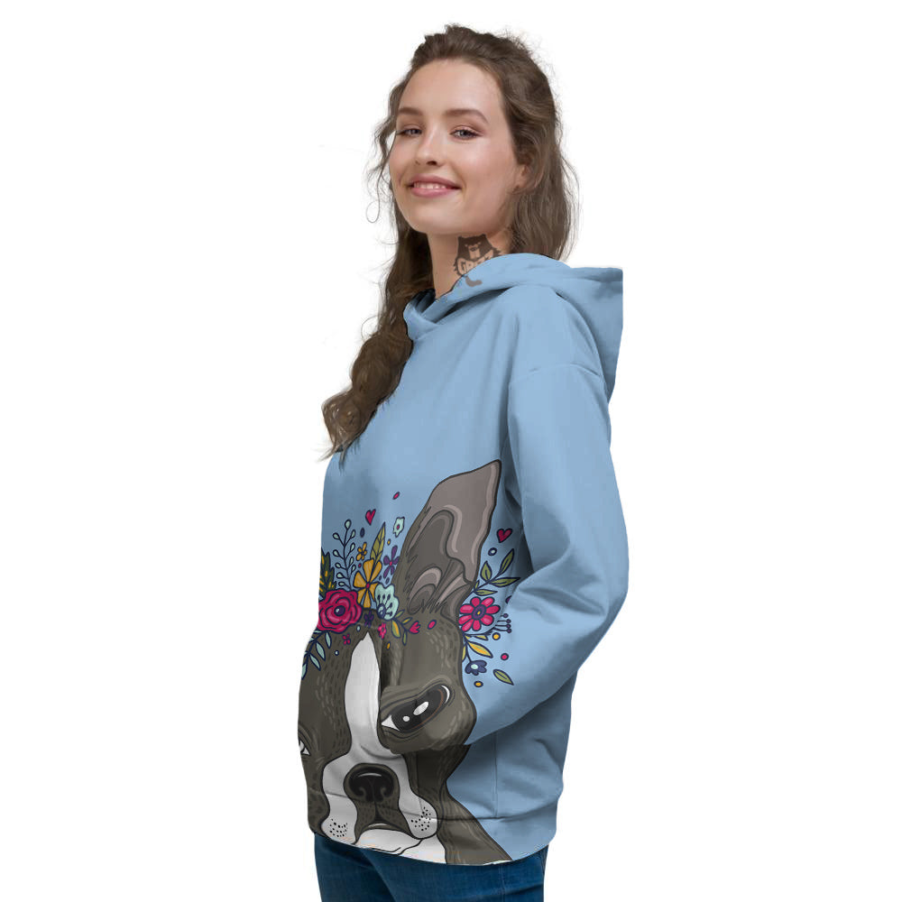 Flower Boston Terrier Cartoon Print Women's Hoodie-grizzshop