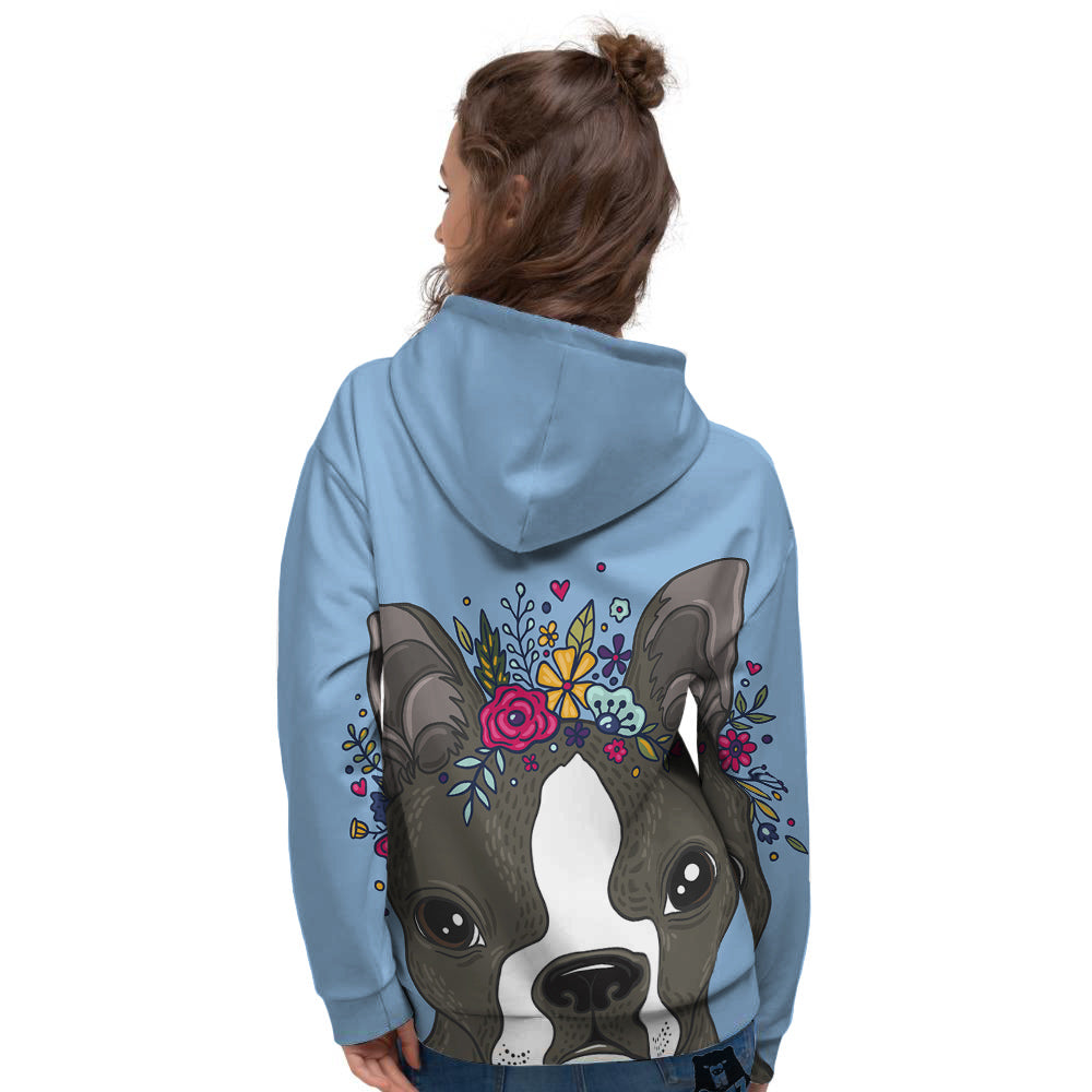 Flower Boston Terrier Cartoon Print Women's Hoodie-grizzshop