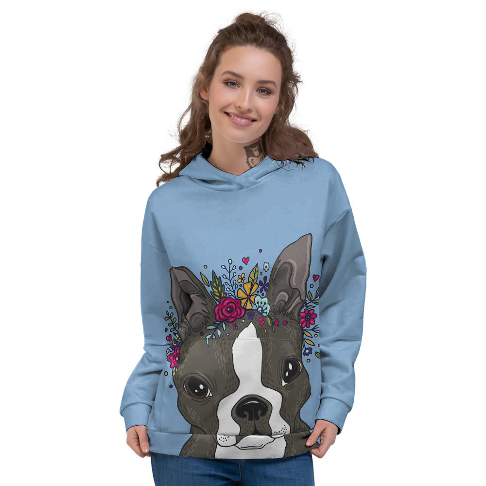 Flower Boston Terrier Cartoon Print Women's Hoodie-grizzshop