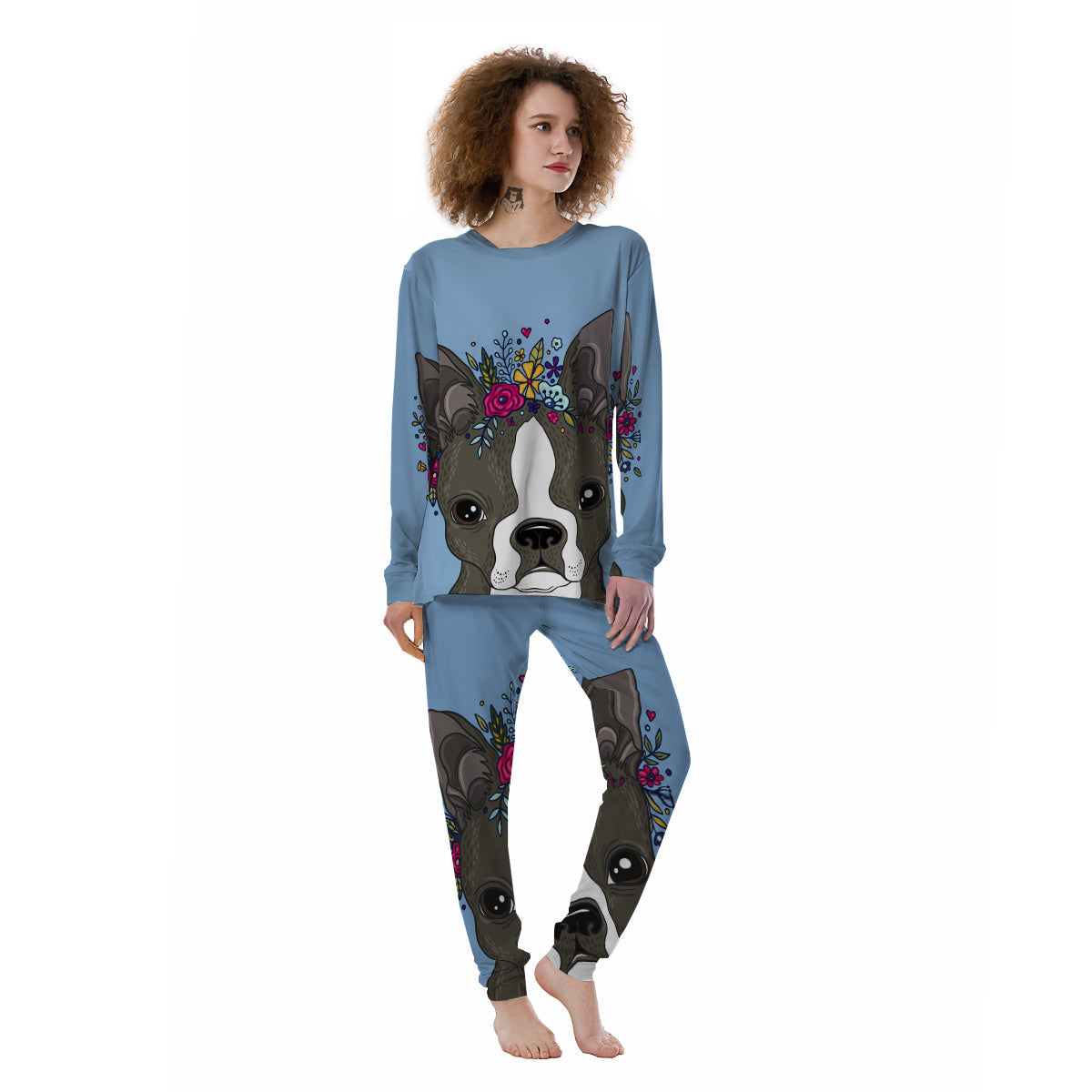 Flower Boston Terrier Cartoon Print Women's Pajamas-grizzshop