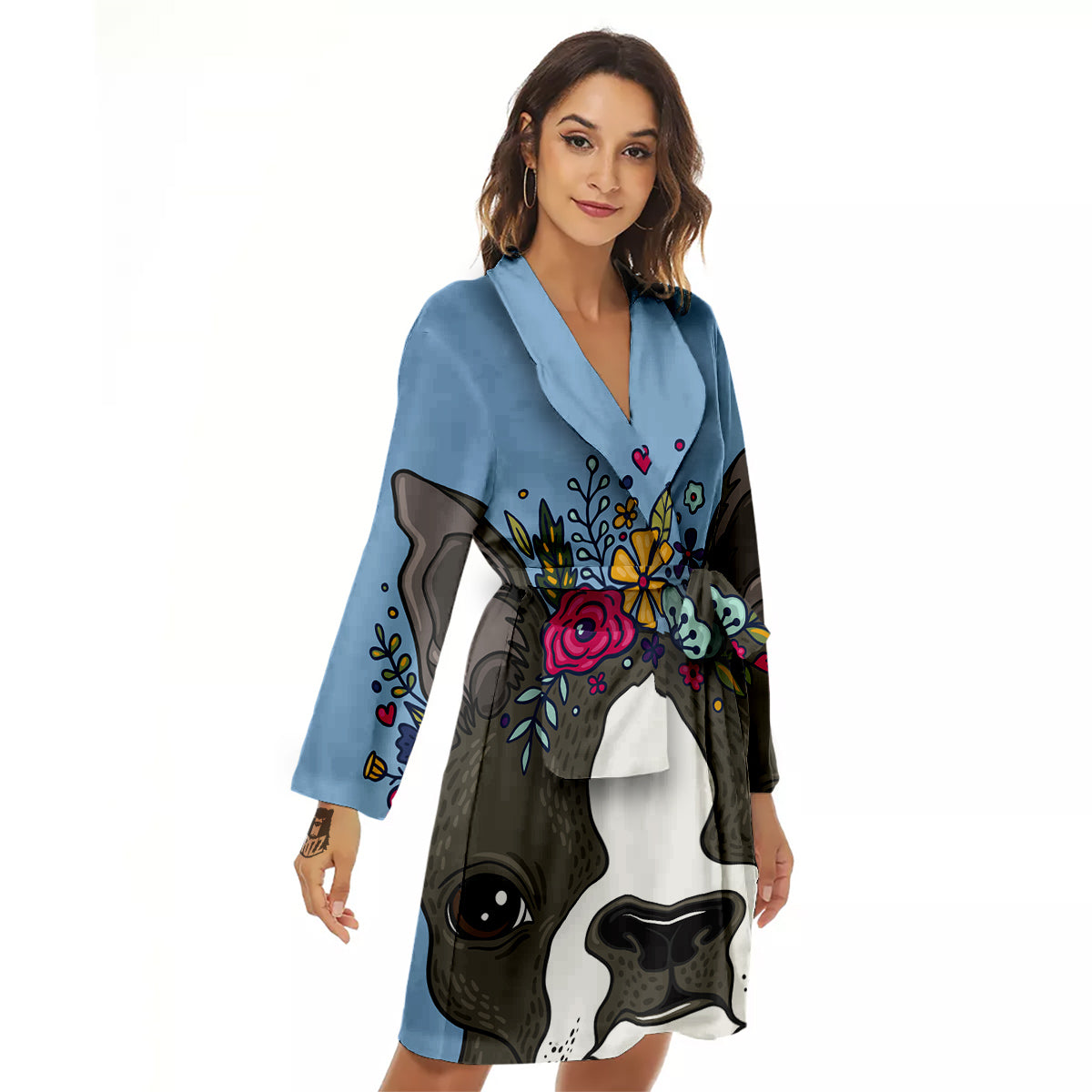 Flower Boston Terrier Cartoon Print Women's Robe-grizzshop