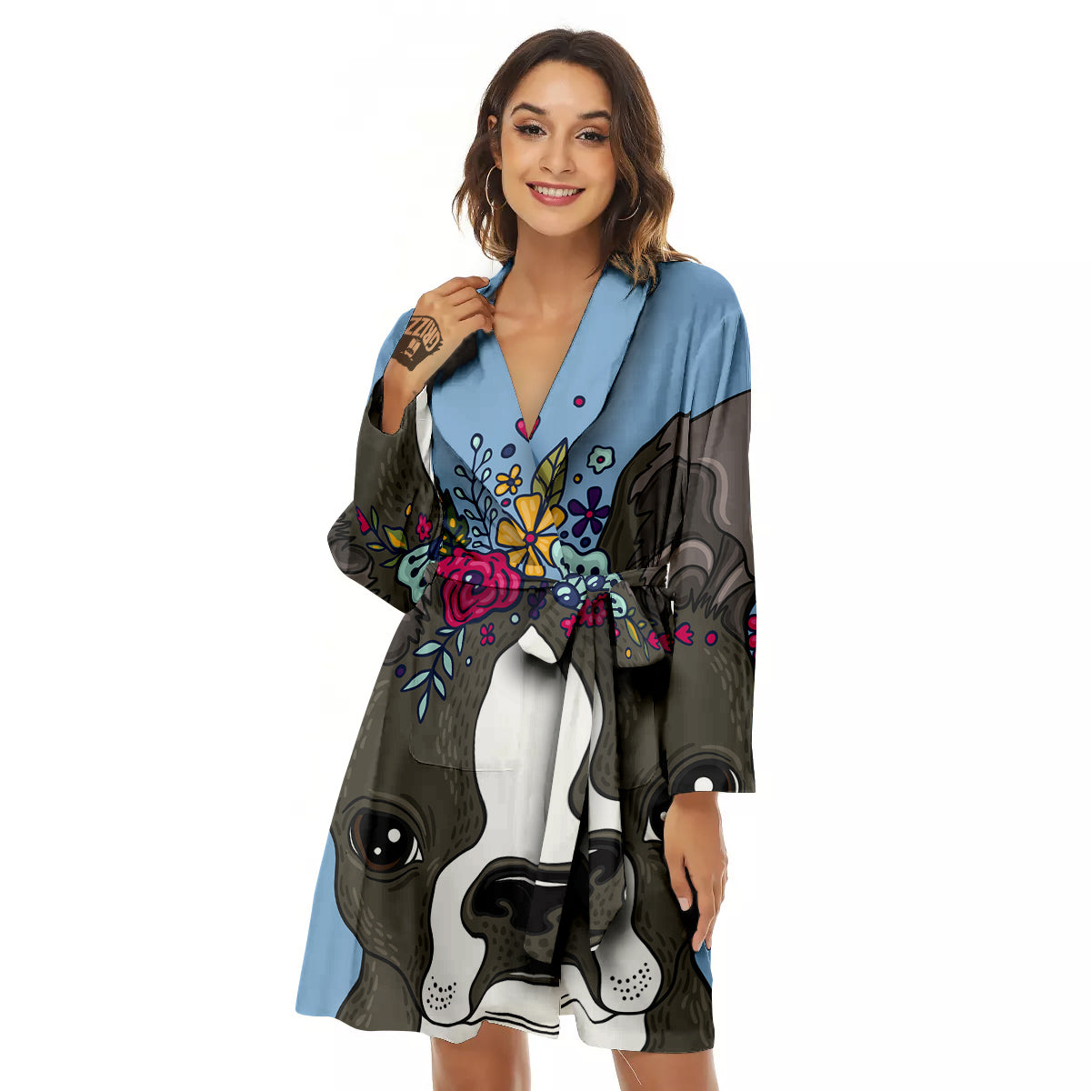Flower Boston Terrier Cartoon Print Women's Robe-grizzshop