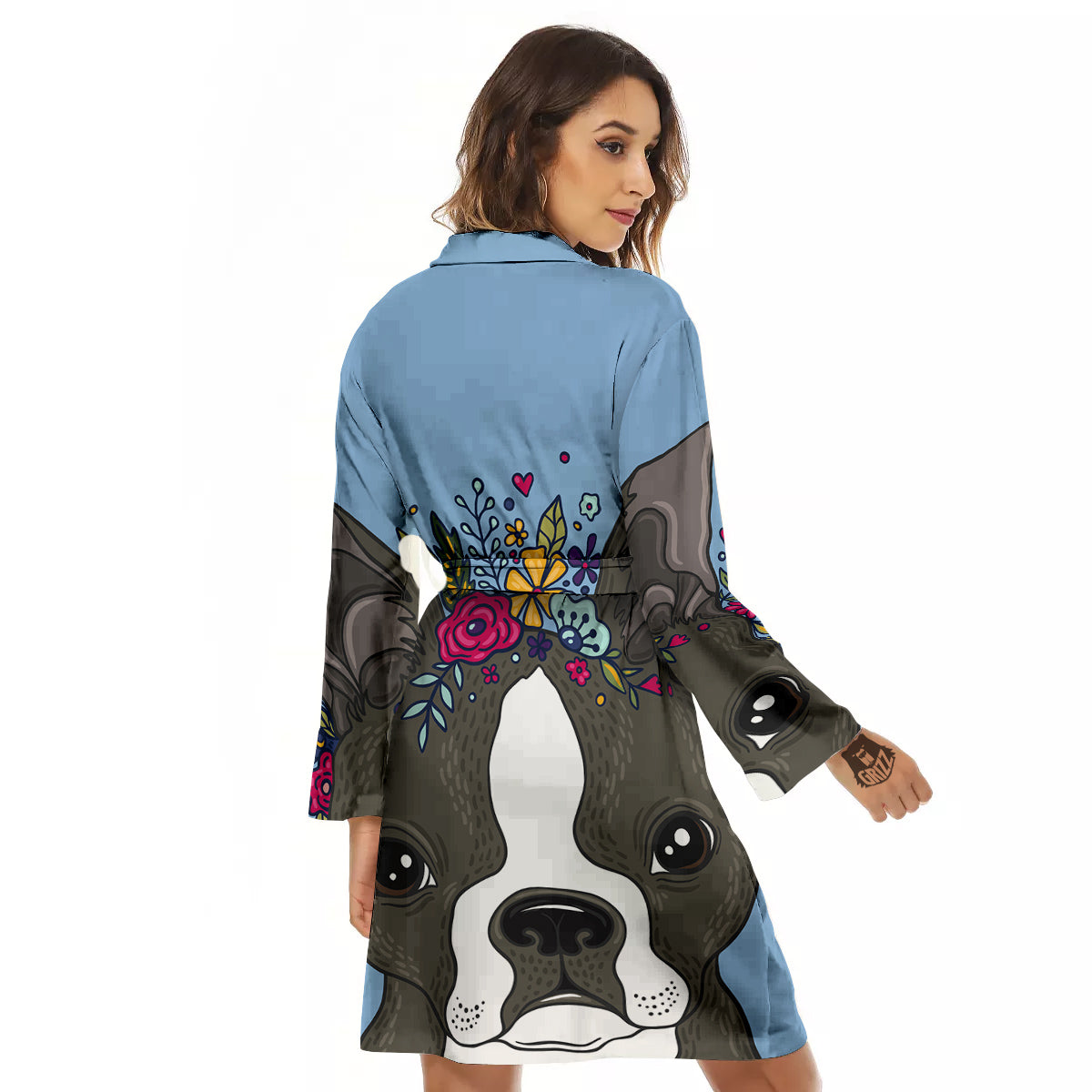 Flower Boston Terrier Cartoon Print Women's Robe-grizzshop