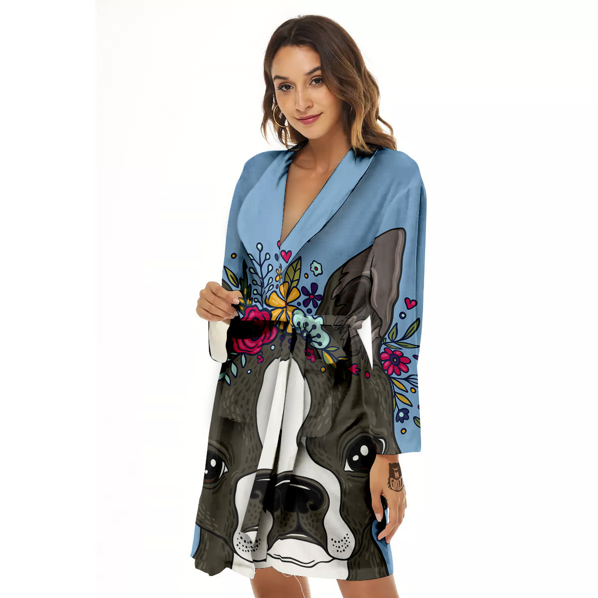 Flower Boston Terrier Cartoon Print Women's Robe-grizzshop