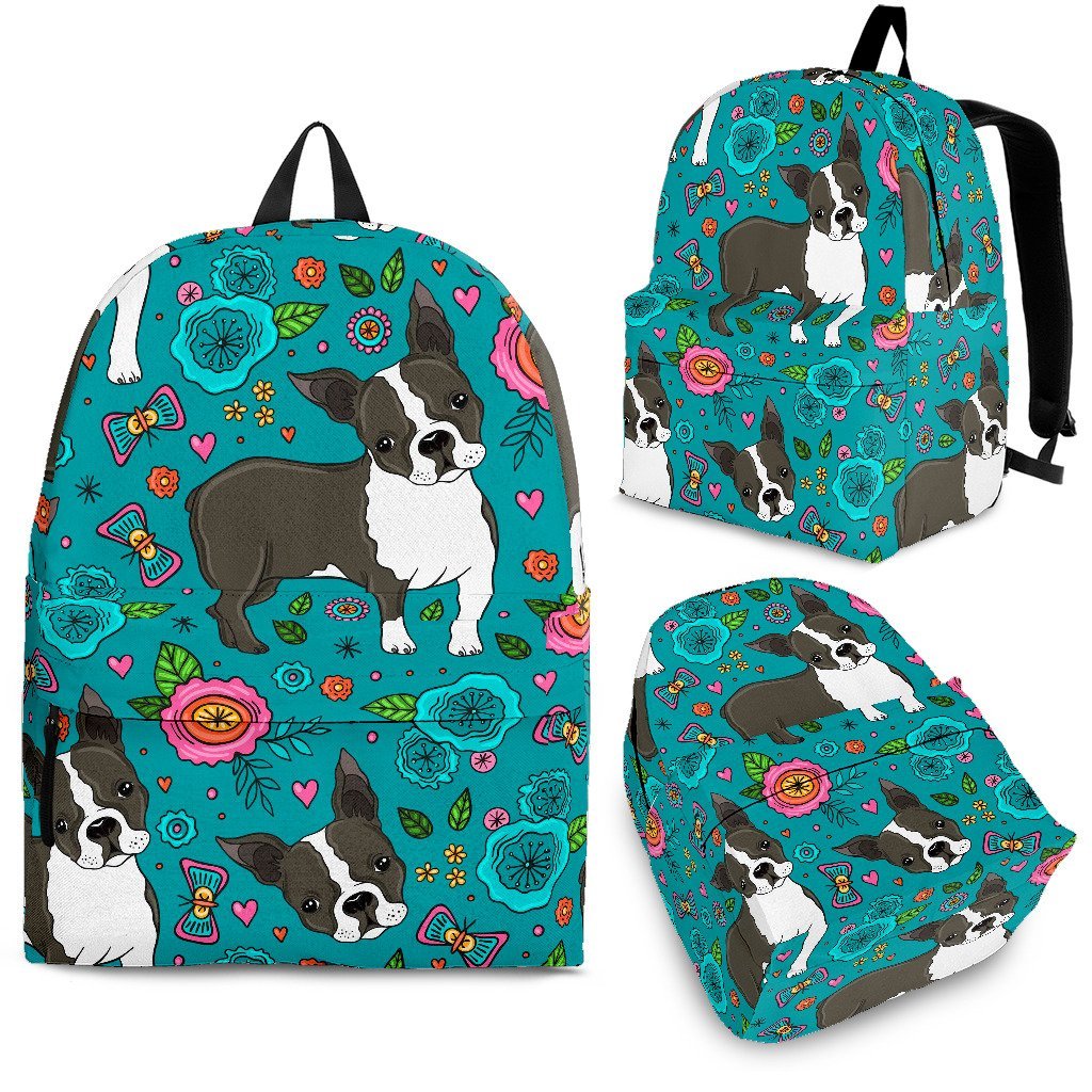 Flower Boston Terrier Pattern Print Backpack-grizzshop