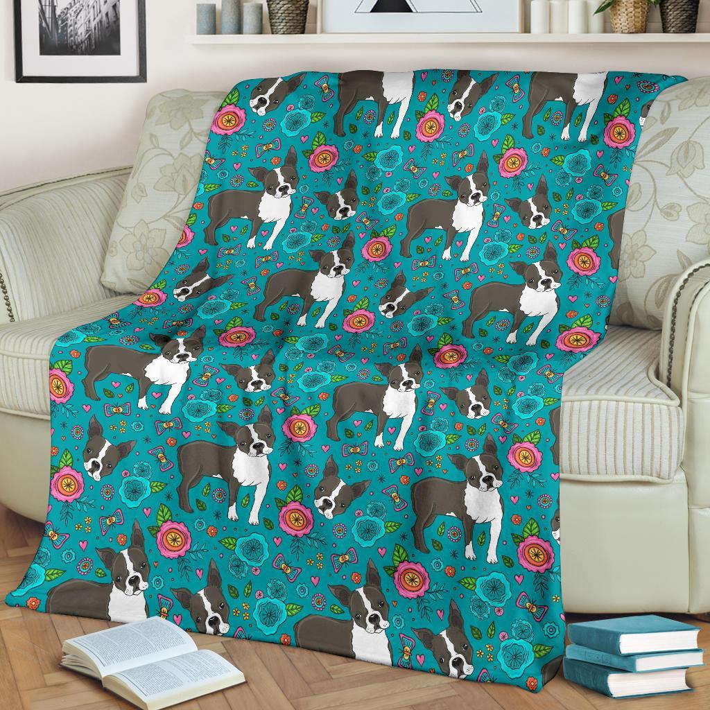 Flower Boston Terrier Pattern Print Blanket-grizzshop