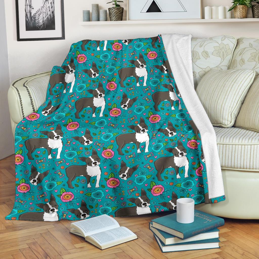 Flower Boston Terrier Pattern Print Blanket-grizzshop