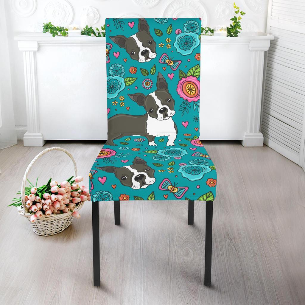 Flower Boston Terrier Pattern Print Chair Cover-grizzshop