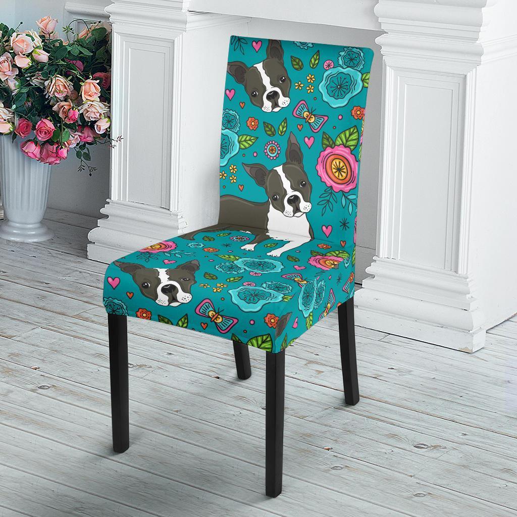 Flower Boston Terrier Pattern Print Chair Cover-grizzshop