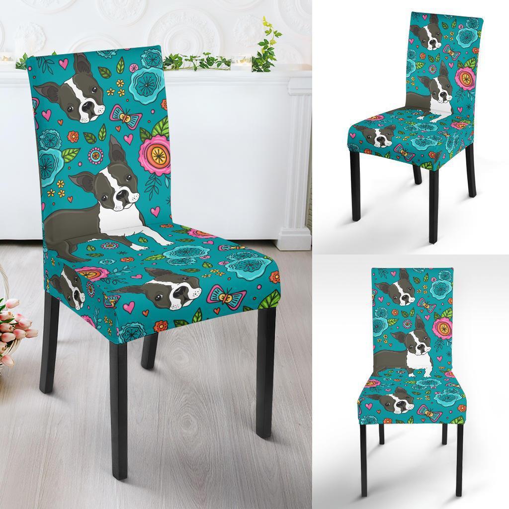 Flower Boston Terrier Pattern Print Chair Cover-grizzshop