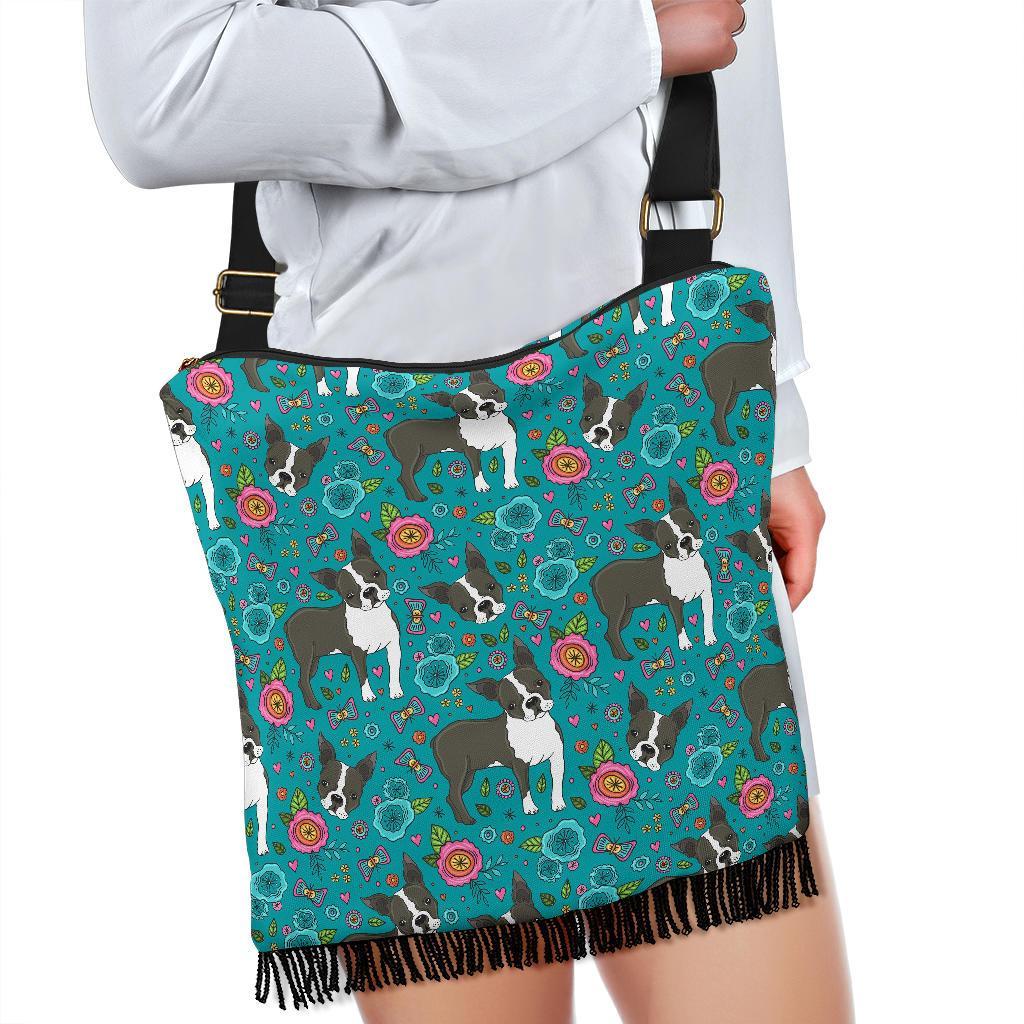 Flower Boston Terrier Pattern Print Crossbody Bags-grizzshop