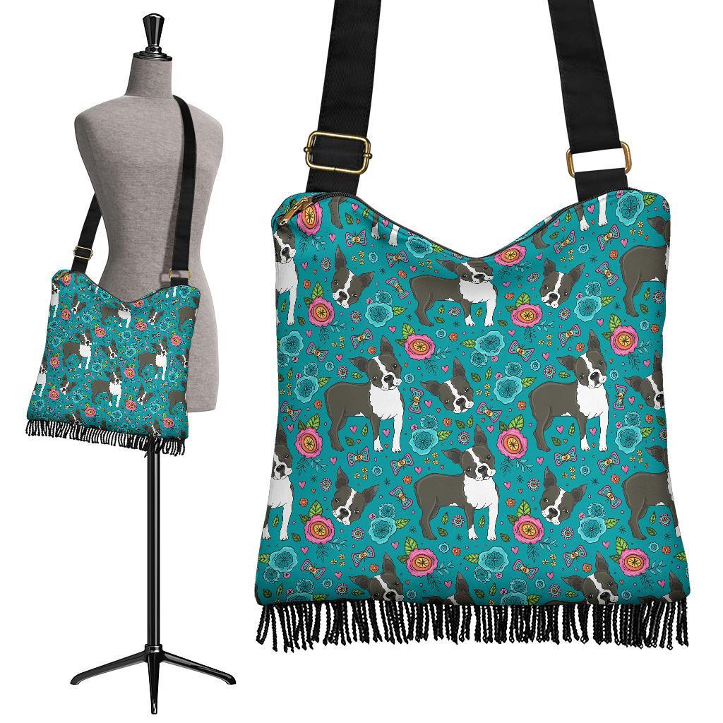 Flower Boston Terrier Pattern Print Crossbody Bags-grizzshop