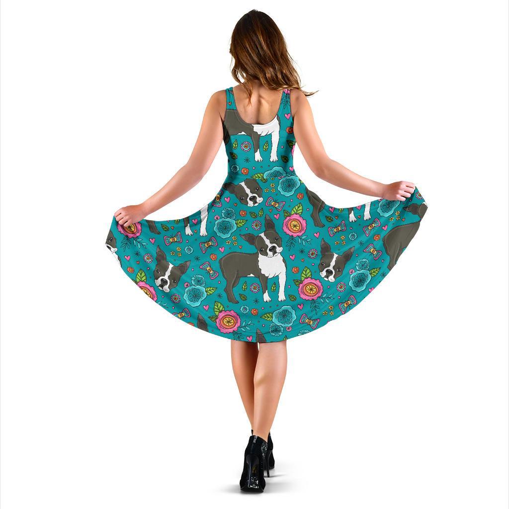 Flower Boston Terrier Pattern Print Dress-grizzshop