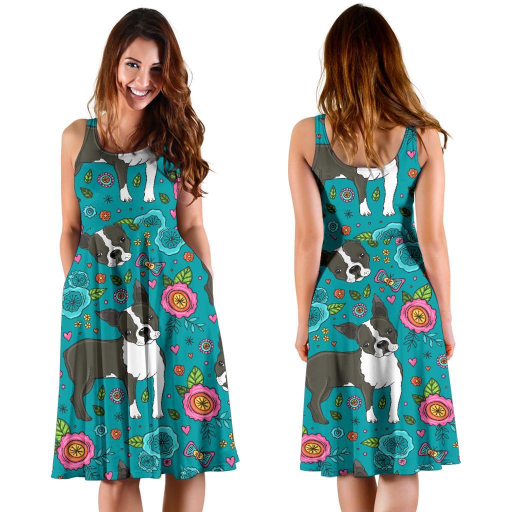 Flower Boston Terrier Pattern Print Dress-grizzshop