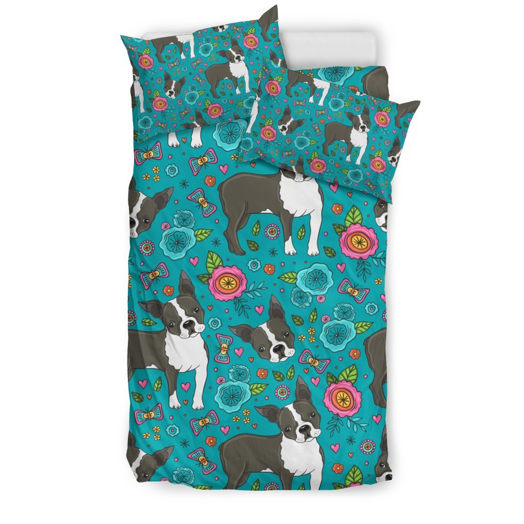 Flower Boston Terrier Pattern Print Duvet Cover Bedding Set-grizzshop