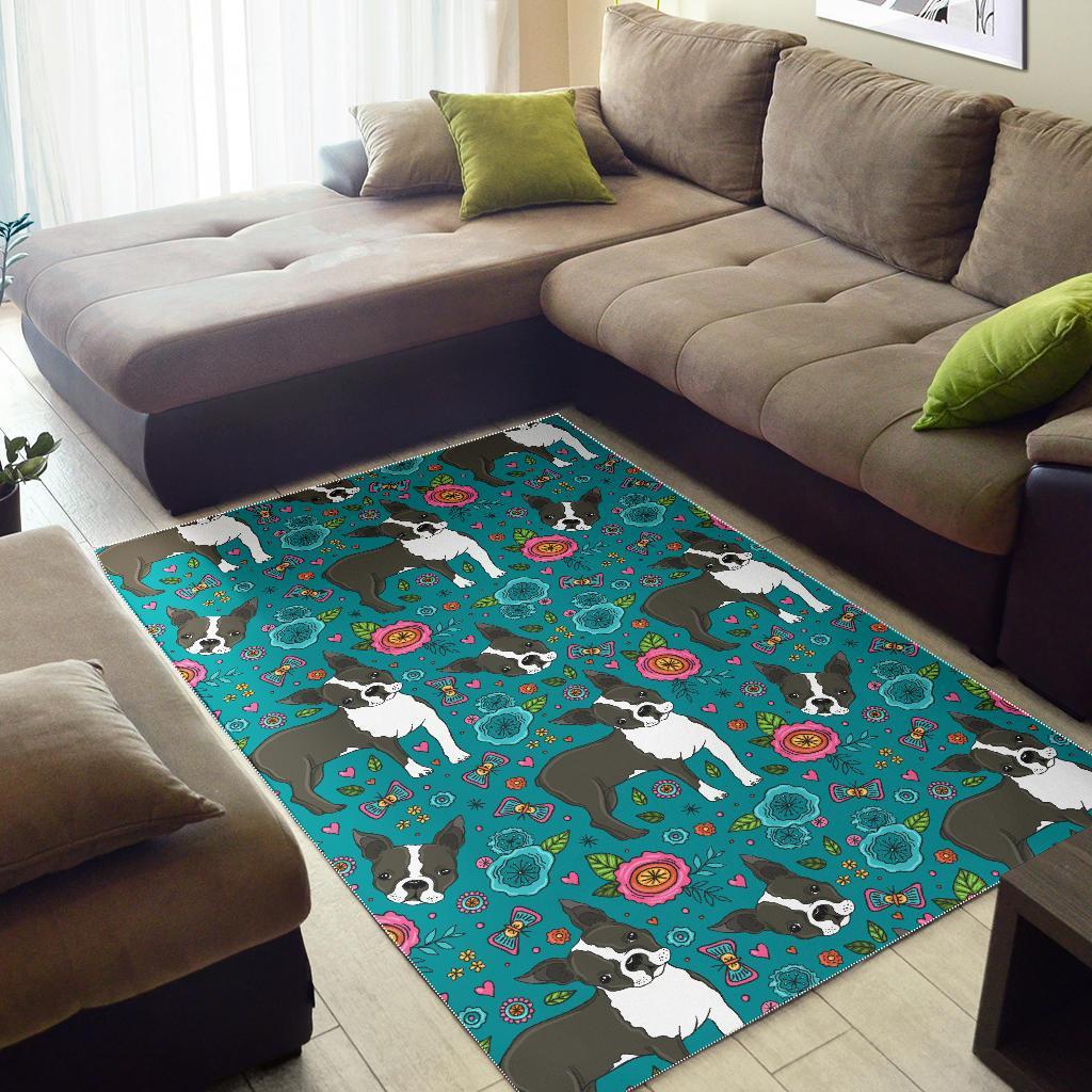 Flower Boston Terrier Pattern Print Floor Mat-grizzshop