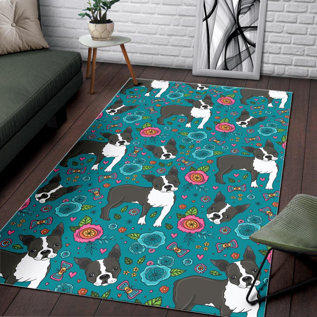 Flower Boston Terrier Pattern Print Floor Mat-grizzshop