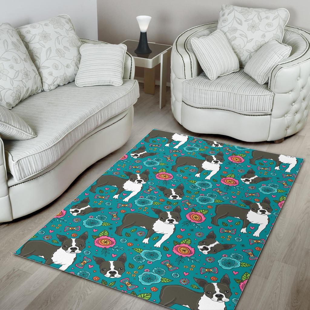 Flower Boston Terrier Pattern Print Floor Mat-grizzshop