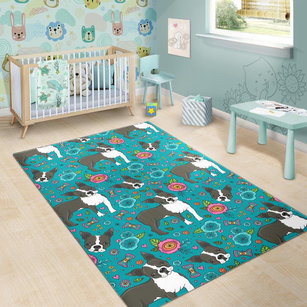 Flower Boston Terrier Pattern Print Floor Mat-grizzshop