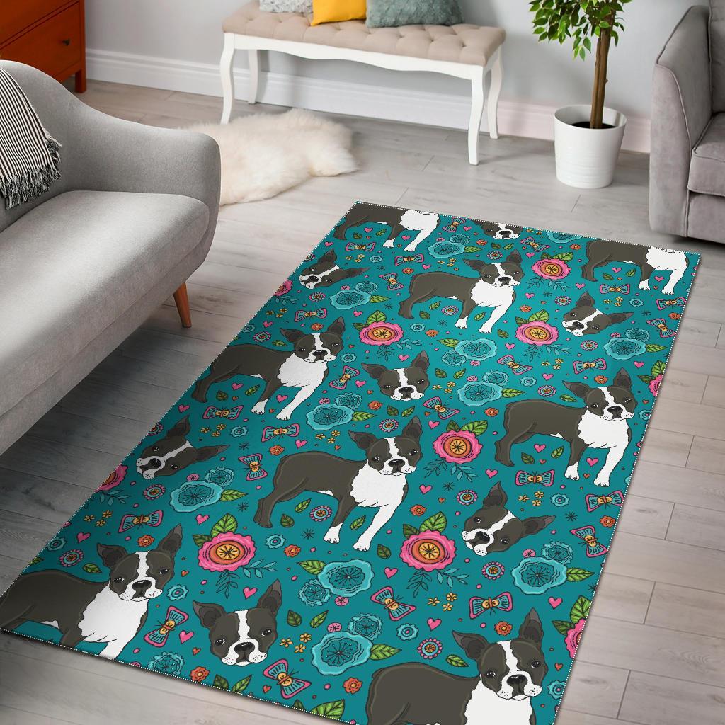 Flower Boston Terrier Pattern Print Floor Mat-grizzshop