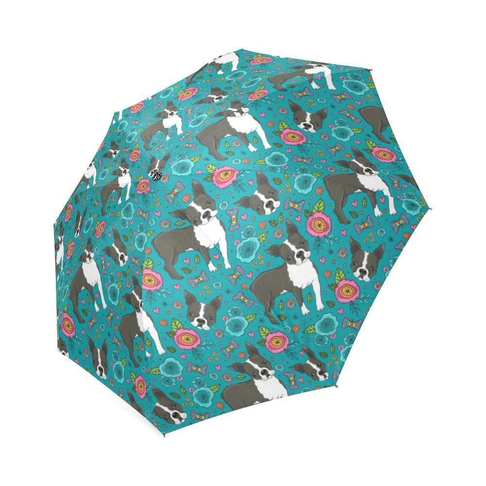 Flower Boston Terrier Pattern Print Foldable Umbrella-grizzshop