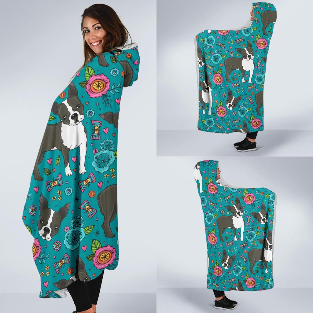 Flower Boston Terrier Pattern Print Hooded Blanket-grizzshop