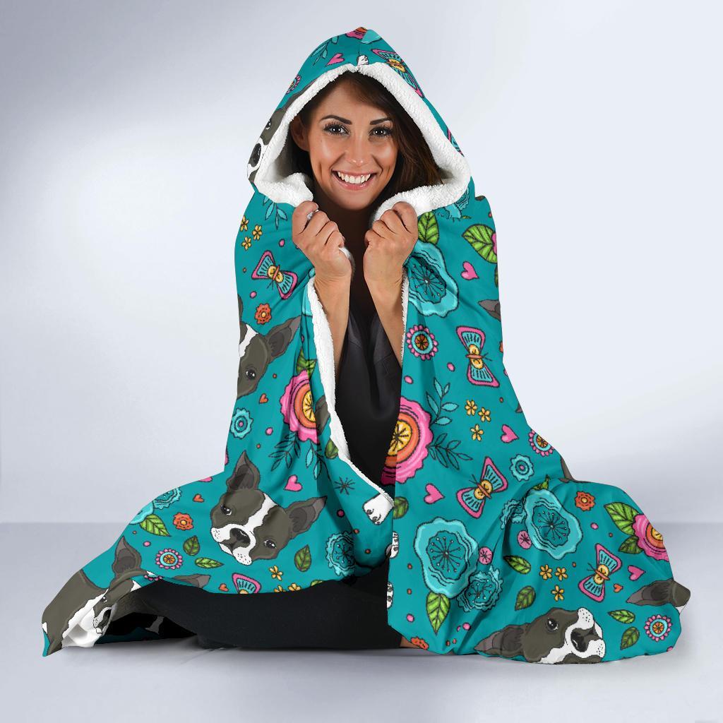 Flower Boston Terrier Pattern Print Hooded Blanket-grizzshop